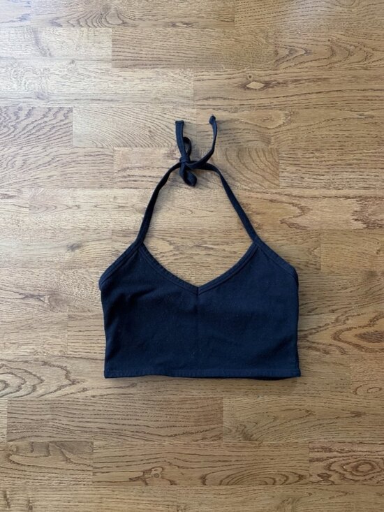 Brandy Melville Tops - Brandy Melville Women's Black Halter Tank Top Cropped Crop V Neck Tie Vintage OS